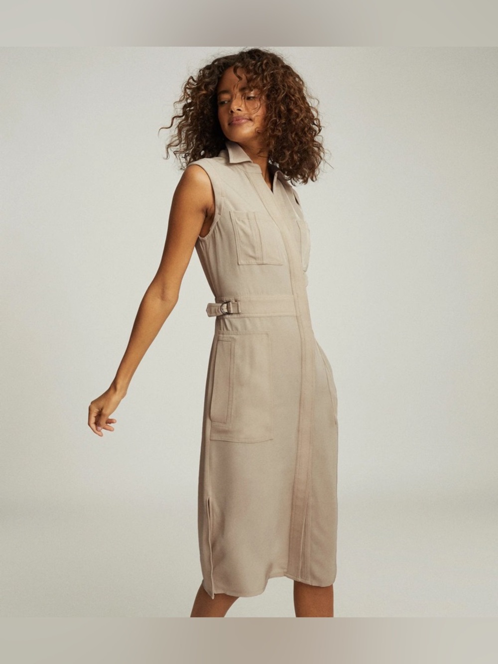 Reiss Effie Midi Utility Dress Khaki Size 4